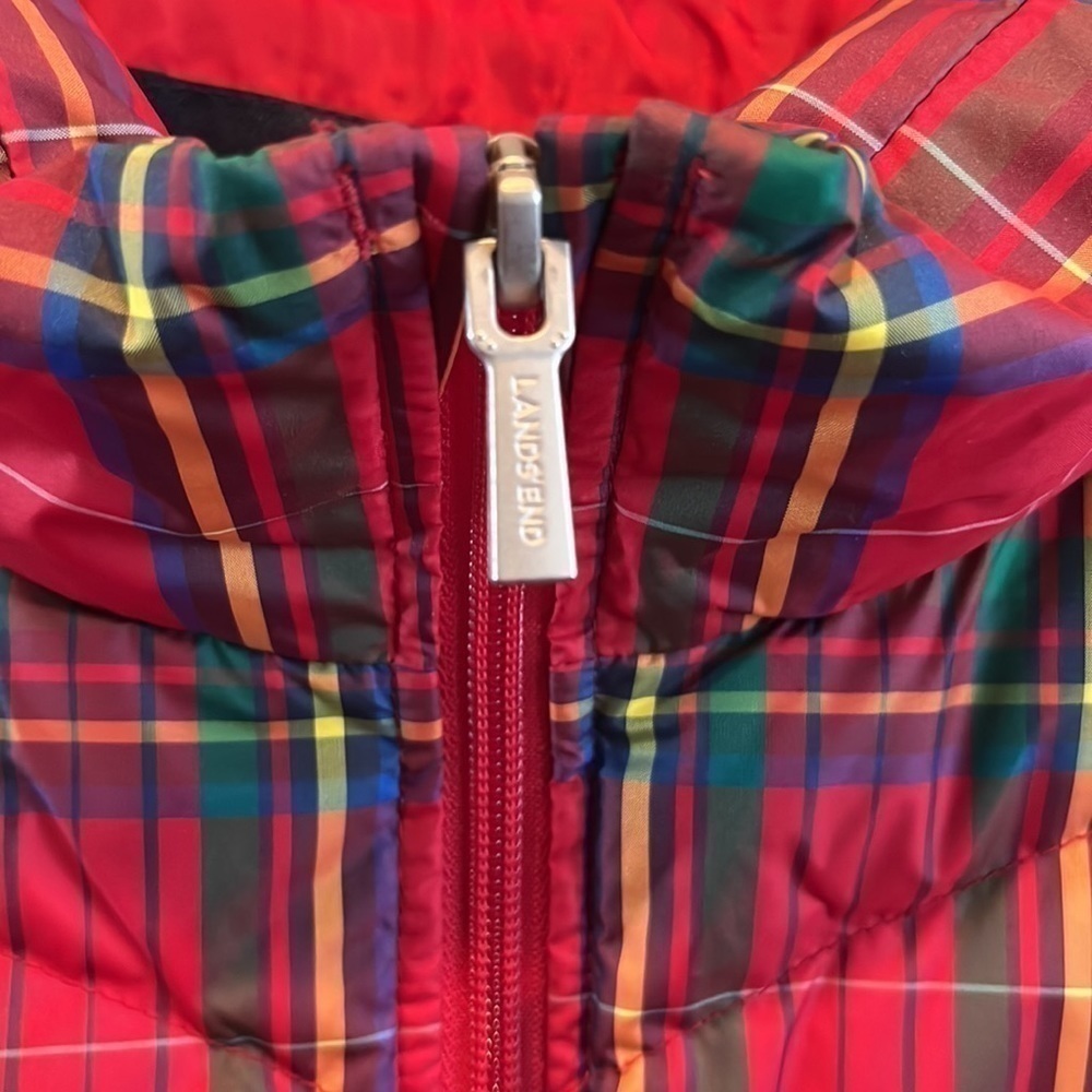 Red preppy classic plaid down filled NWT lands End zip puffer vest size 3XP - Picture 4 of 10